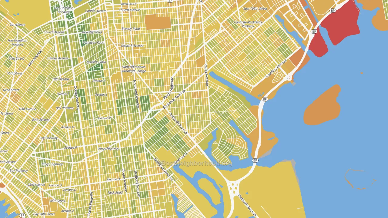 Map of the best neighborhoods in the 11234 area, with better matches in green and worse matches in red
