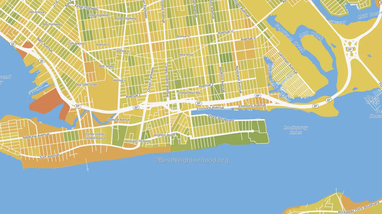Map of the best neighborhoods in the 11235 area, with better matches in green and worse matches in red