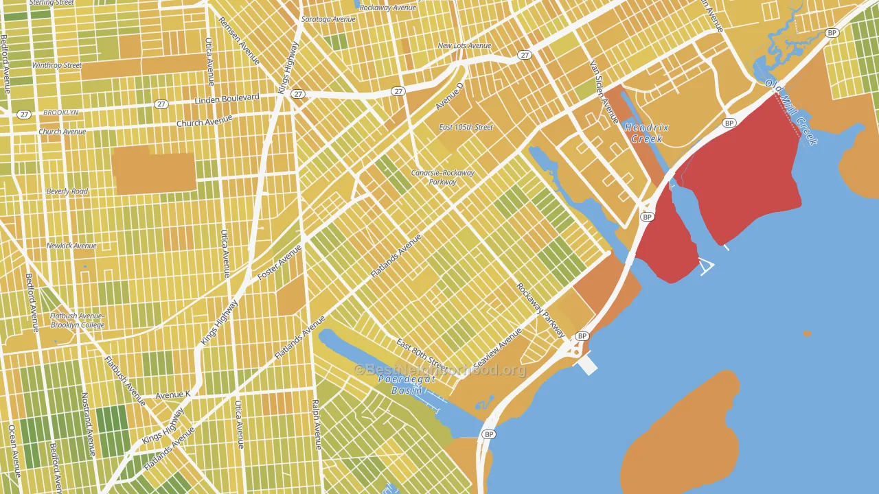 Map of the best neighborhoods in the 11236 area, with better matches in green and worse matches in red