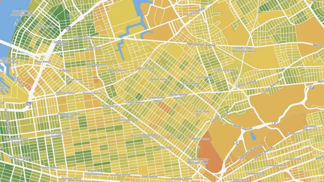 Map of the best neighborhoods in the 11237 area, with better matches in green and worse matches in red
