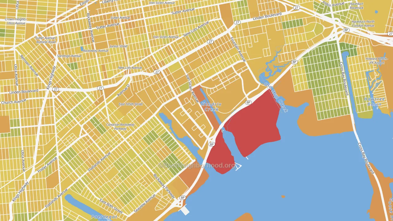 Map of the best neighborhoods in the 11239 area, with better matches in green and worse matches in red