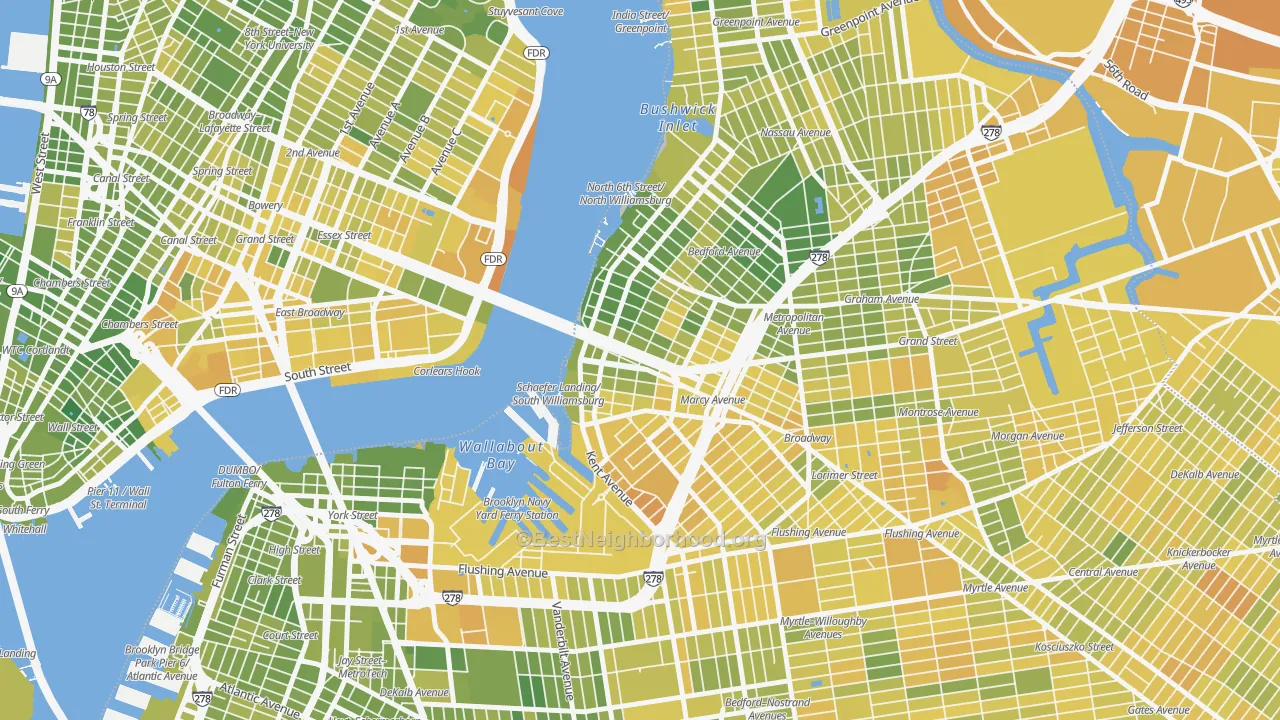 Map of the best neighborhoods in the 11249 area, with better matches in green and worse matches in red