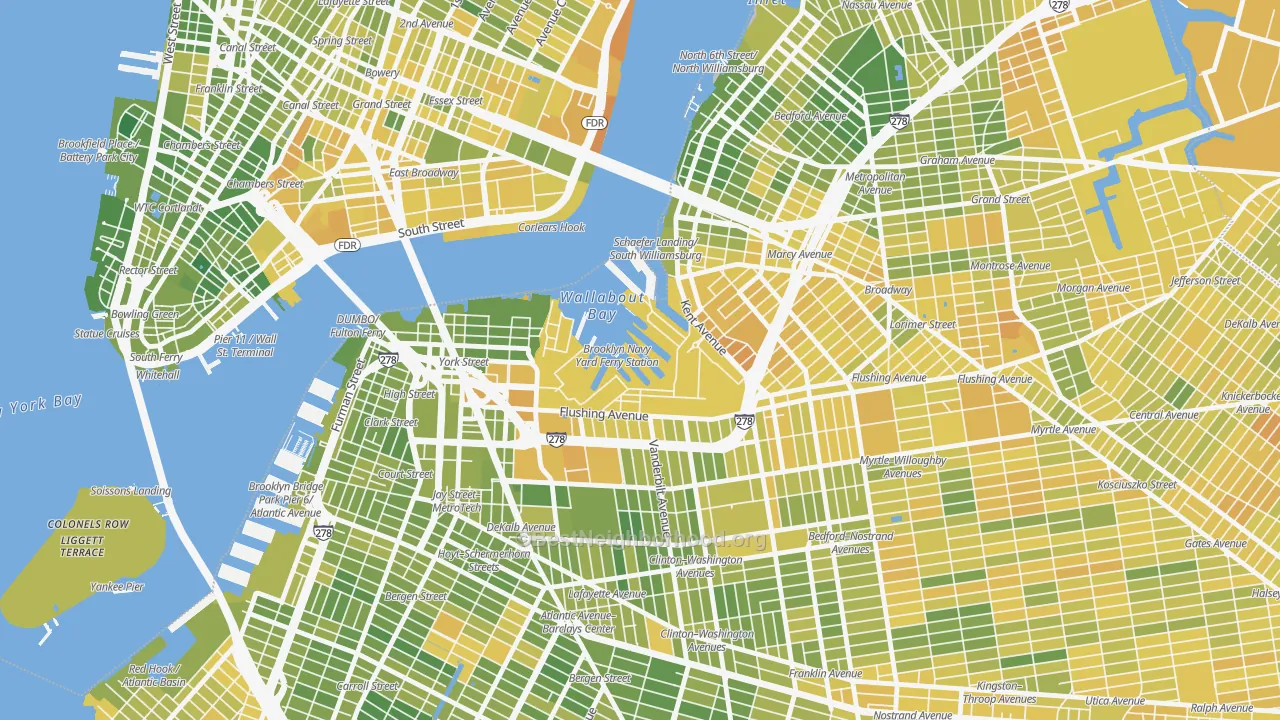 Map of the best neighborhoods in the 11251 area, with better matches in green and worse matches in red