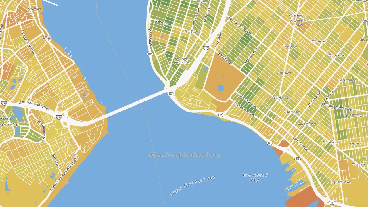 Map of the best neighborhoods in the 11252 area, with better matches in green and worse matches in red