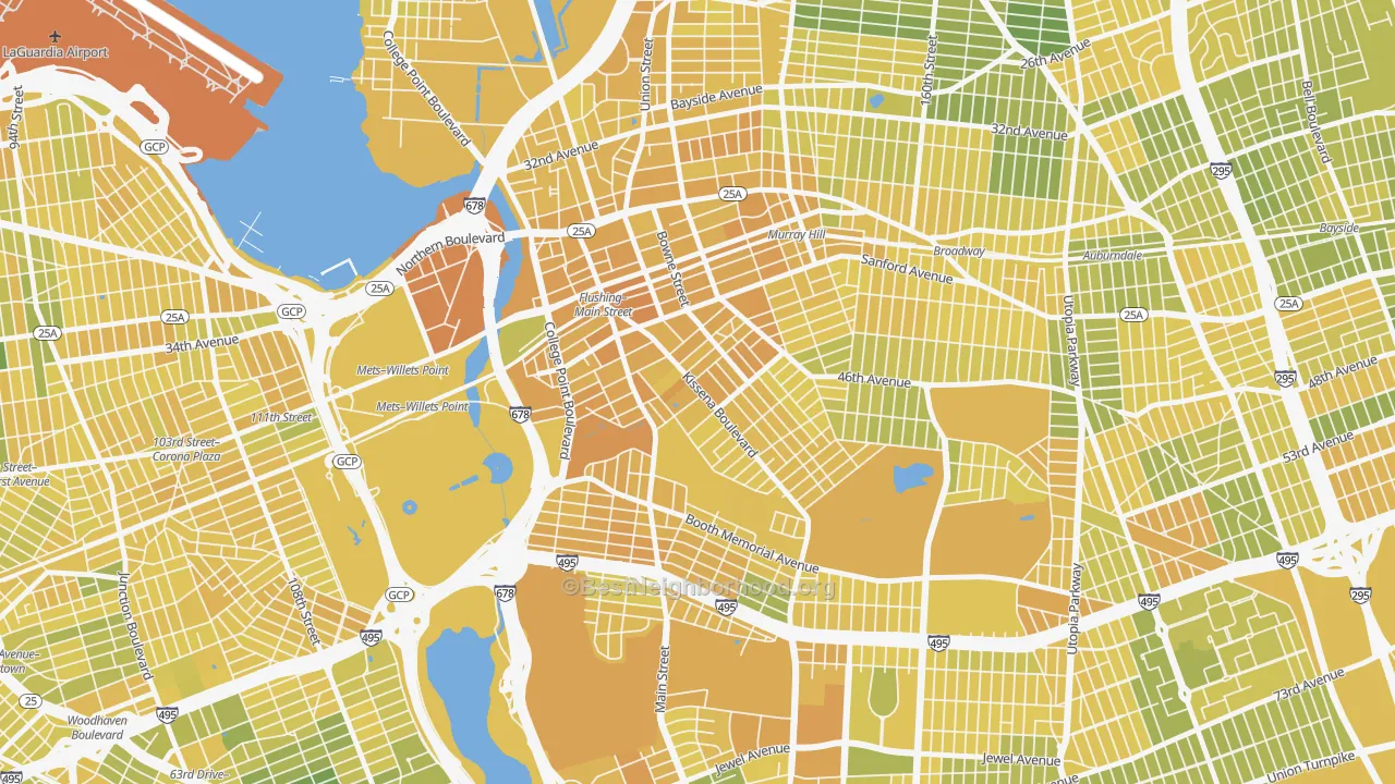 Map of the best neighborhoods in the 11355 area, with better matches in green and worse matches in red