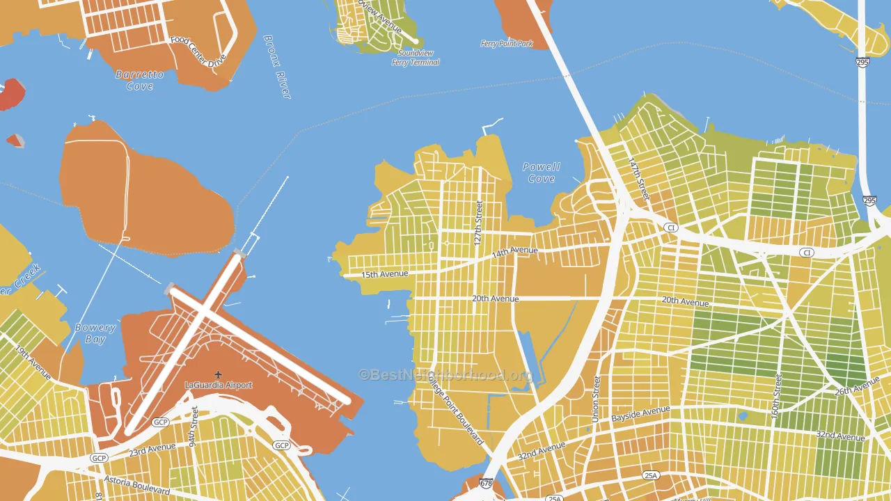 Map of the best neighborhoods in the 11356 area, with better matches in green and worse matches in red