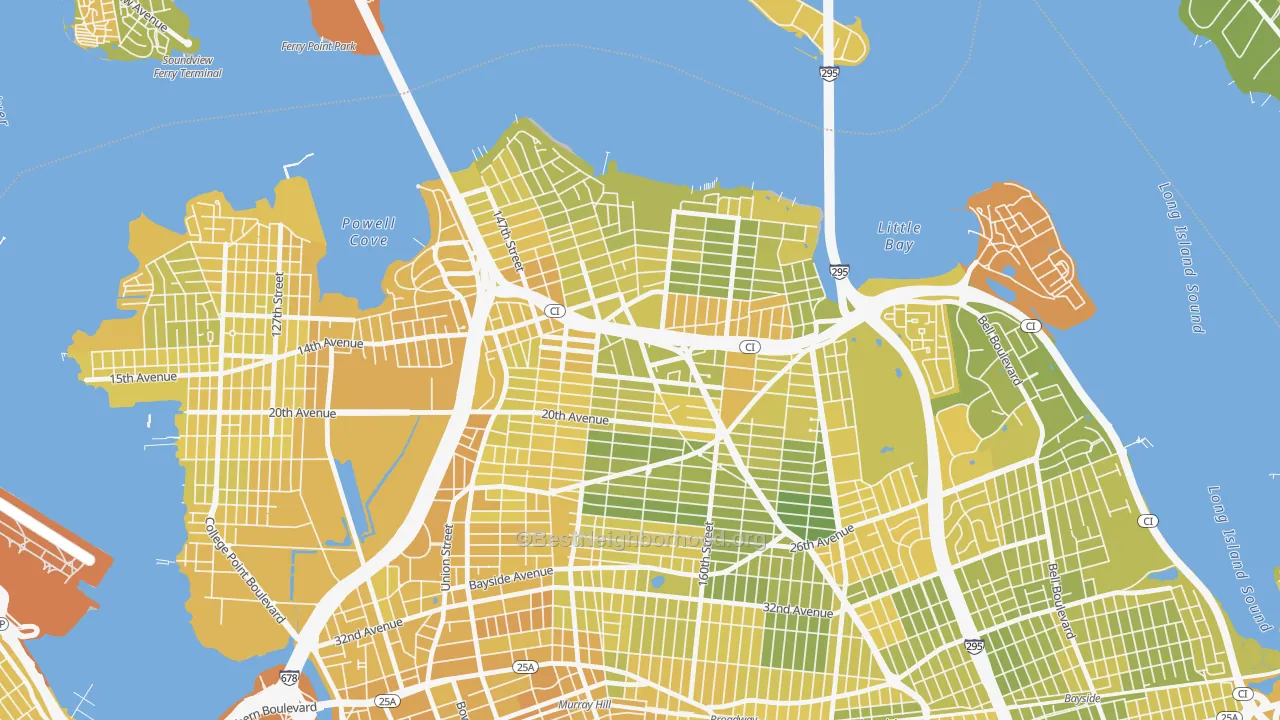 Map of the best neighborhoods in the 11357 area, with better matches in green and worse matches in red