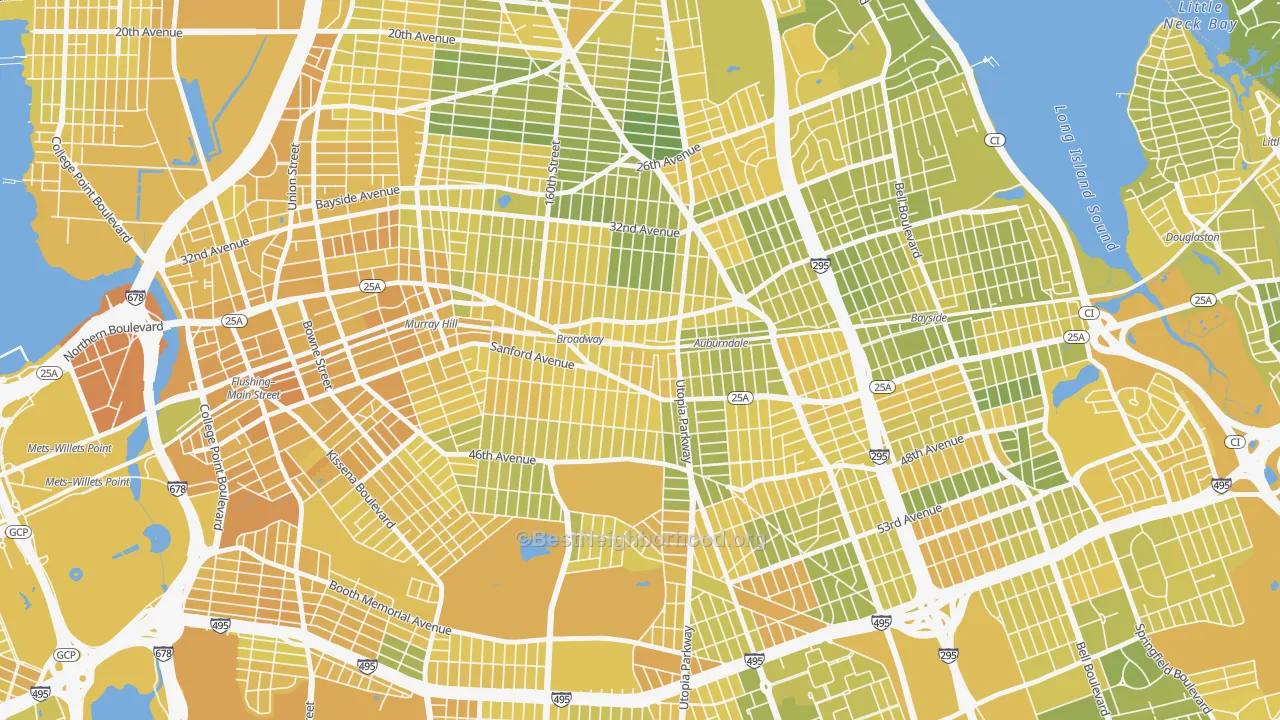 Map of the best neighborhoods in the 11358 area, with better matches in green and worse matches in red