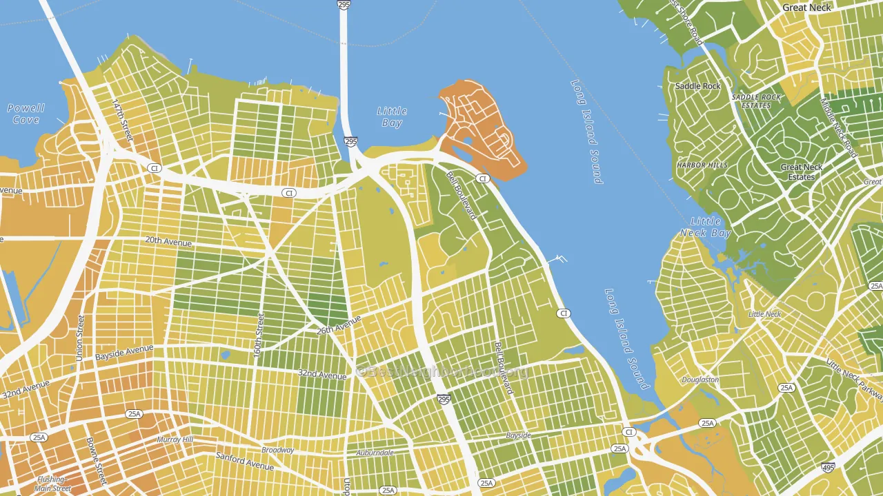 Map of the best neighborhoods in the 11360 area, with better matches in green and worse matches in red