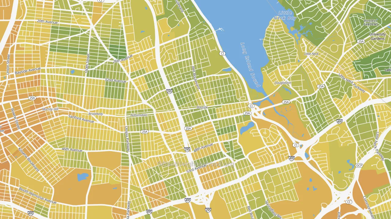 Map of the best neighborhoods in the 11361 area, with better matches in green and worse matches in red
