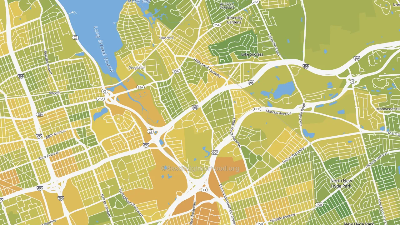 Map of the best neighborhoods in the 11362 area, with better matches in green and worse matches in red