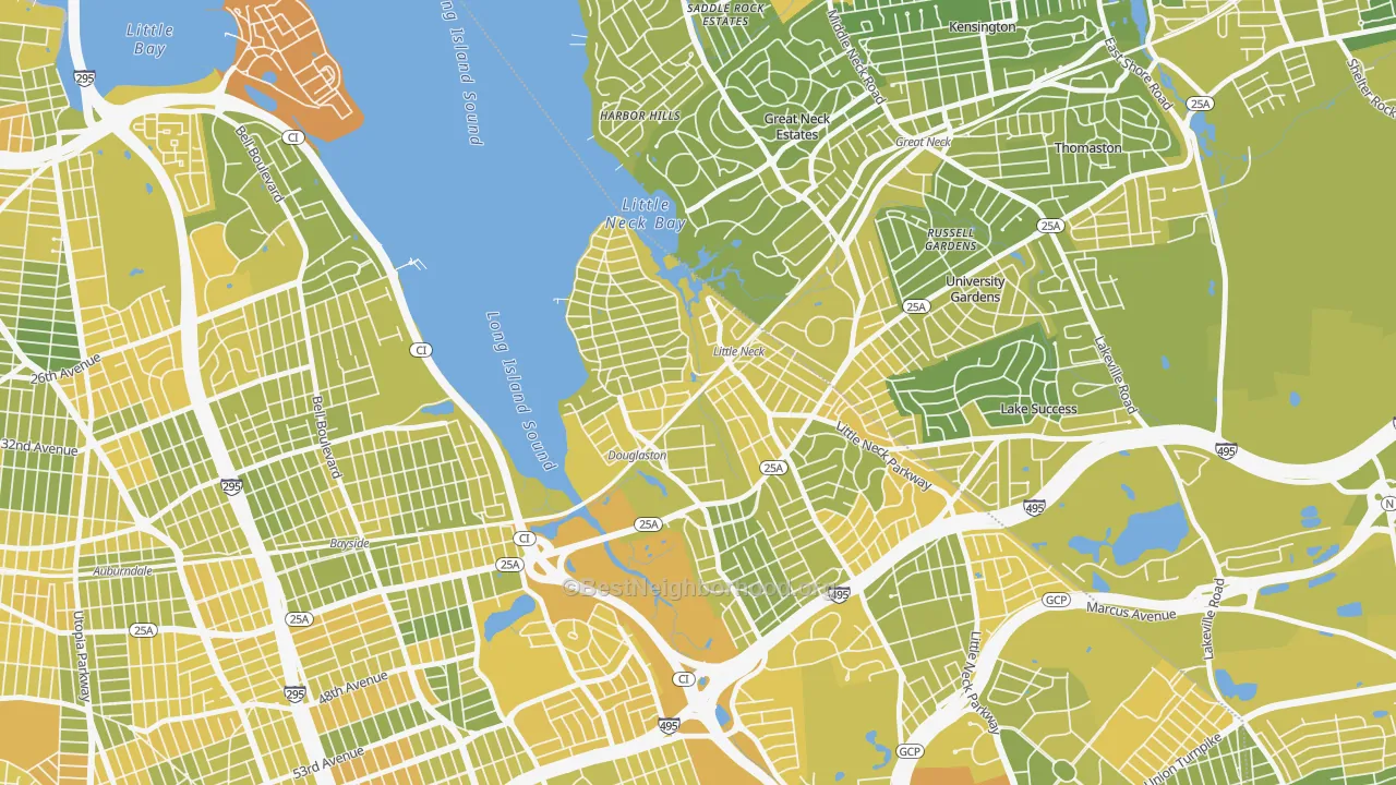 Map of the best neighborhoods in the 11363 area, with better matches in green and worse matches in red