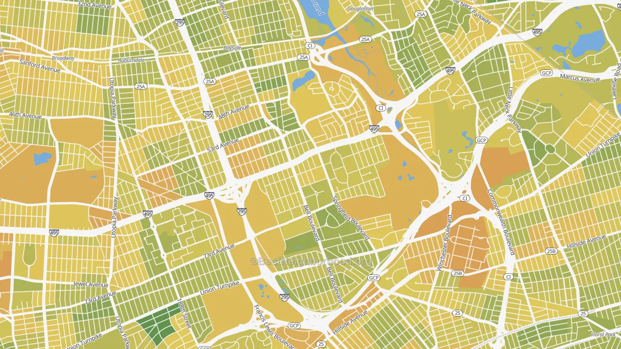 Map of the best neighborhoods in the 11364 area, with better matches in green and worse matches in red