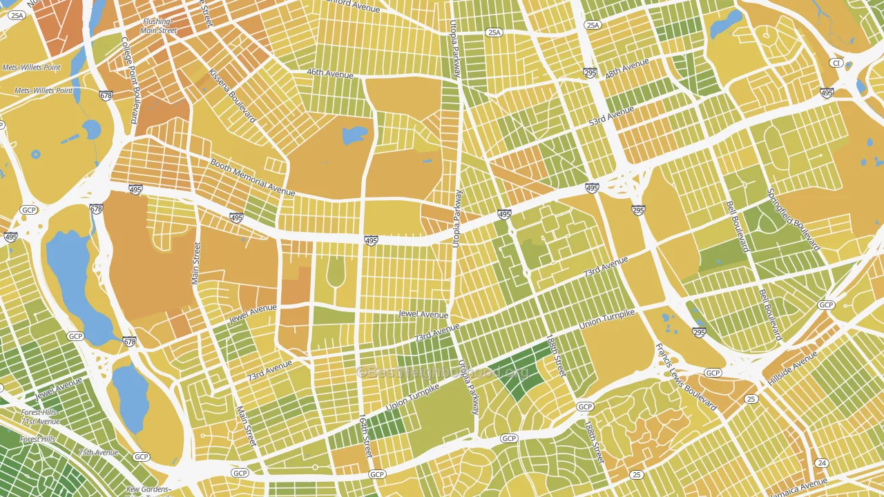 Map of the best neighborhoods in the 11365 area, with better matches in green and worse matches in red