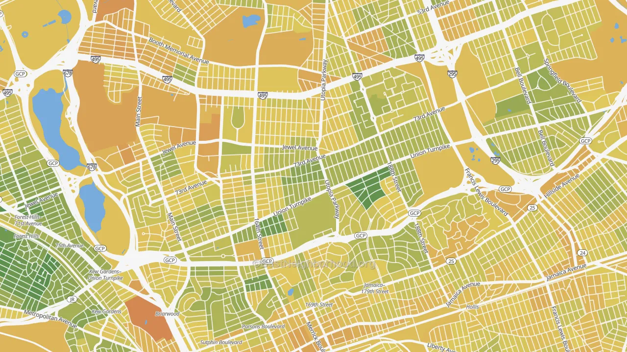 Map of the best neighborhoods in the 11366 area, with better matches in green and worse matches in red