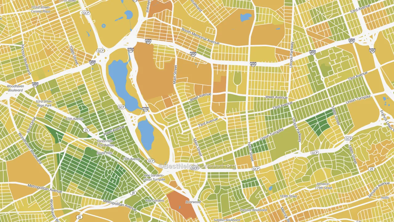 Map of the best neighborhoods in the 11367 area, with better matches in green and worse matches in red