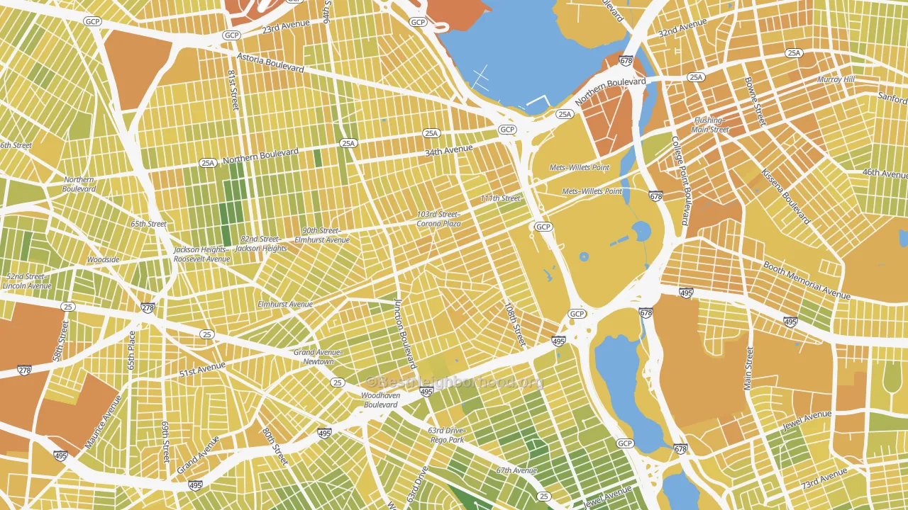 Map of the best neighborhoods in the 11368 area, with better matches in green and worse matches in red