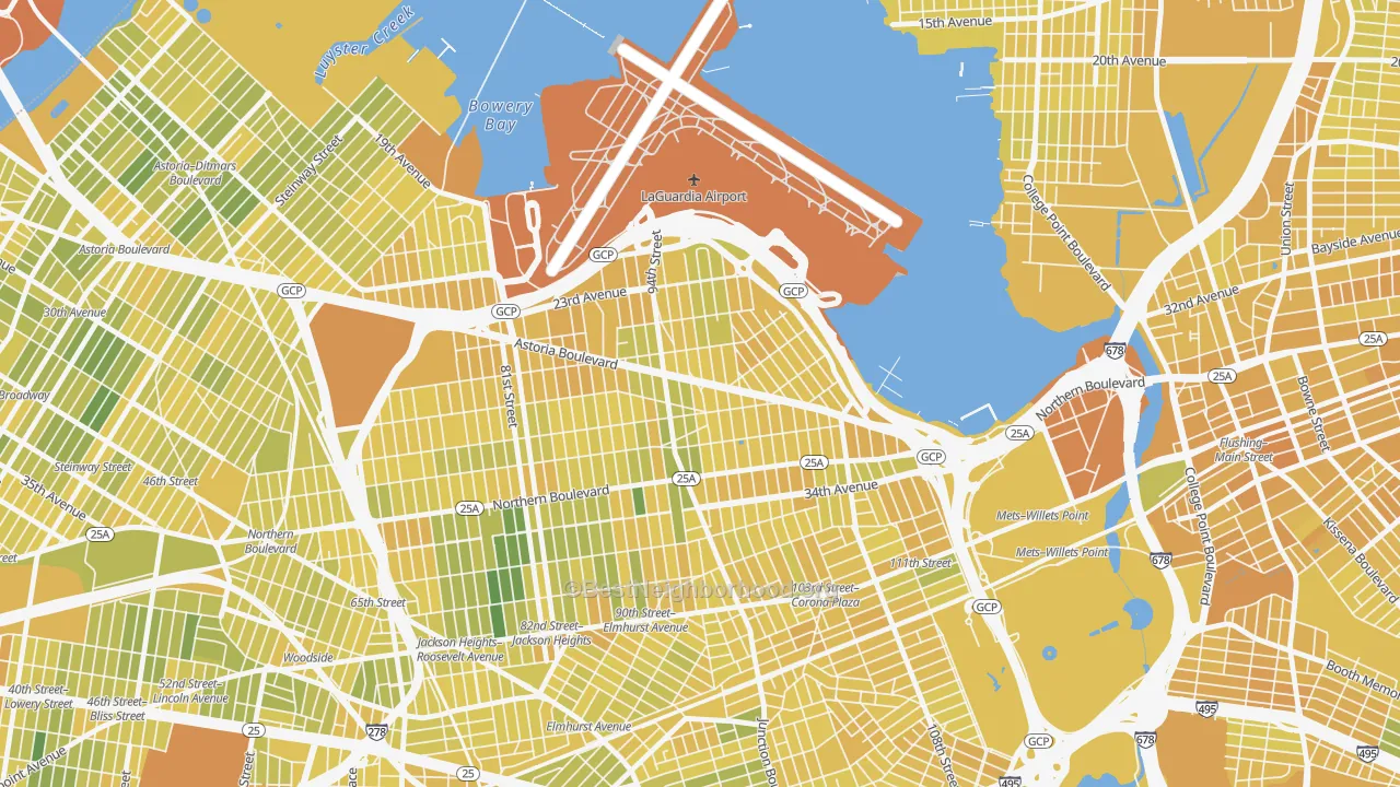 Map of the best neighborhoods in the 11369 area, with better matches in green and worse matches in red