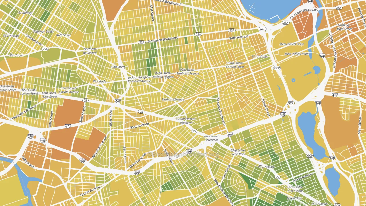 Map of the best neighborhoods in the 11373 area, with better matches in green and worse matches in red