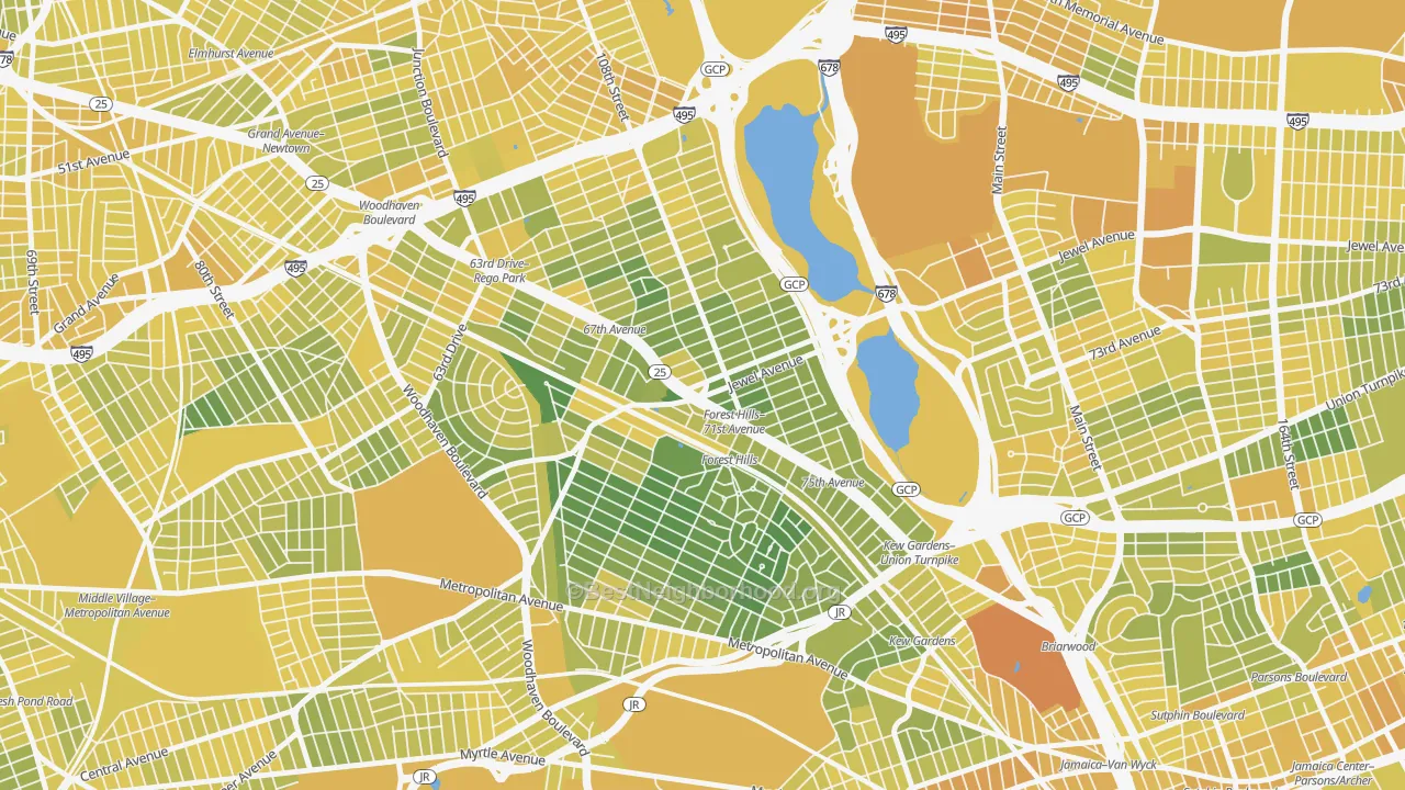 Map of the best neighborhoods in the 11375 area, with better matches in green and worse matches in red