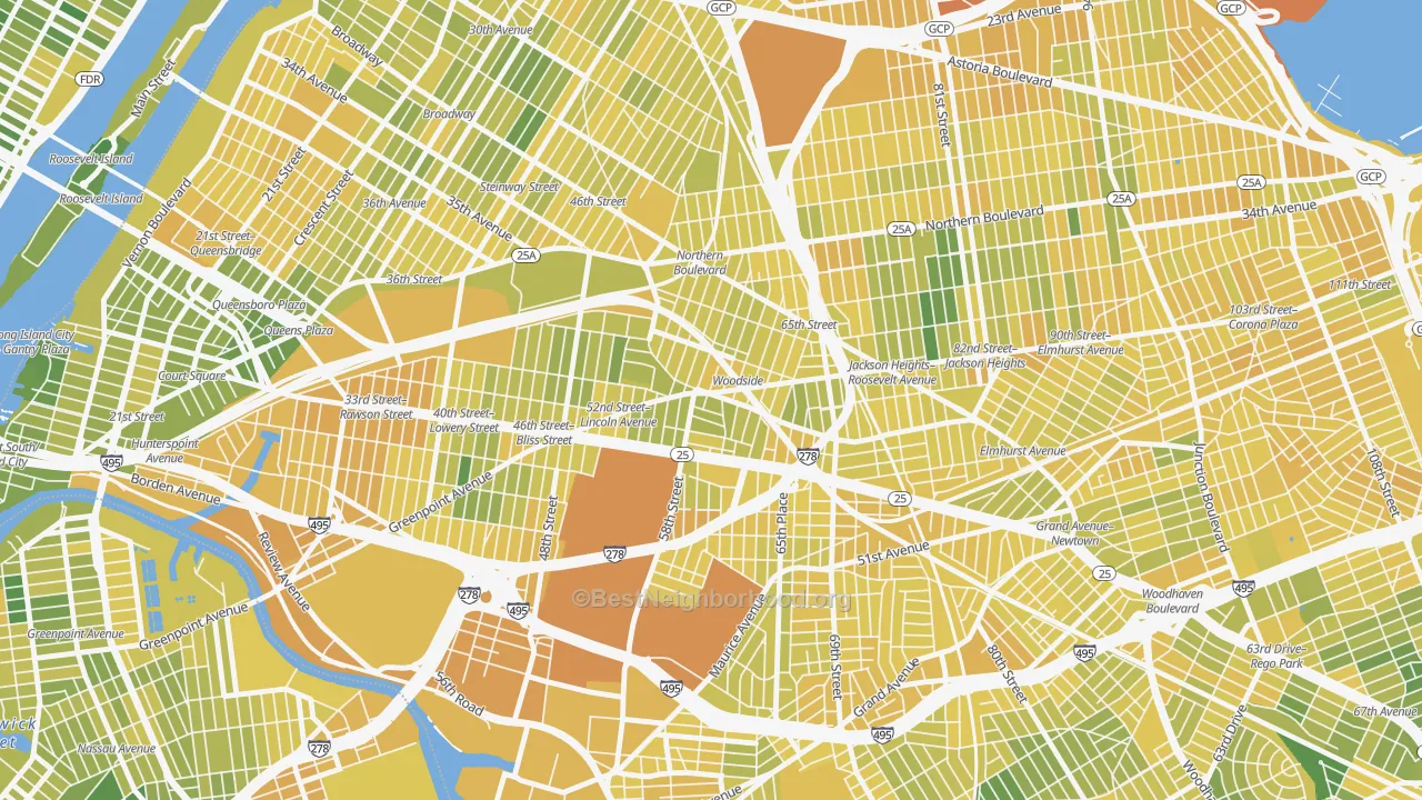 Map of the best neighborhoods in the 11377 area, with better matches in green and worse matches in red