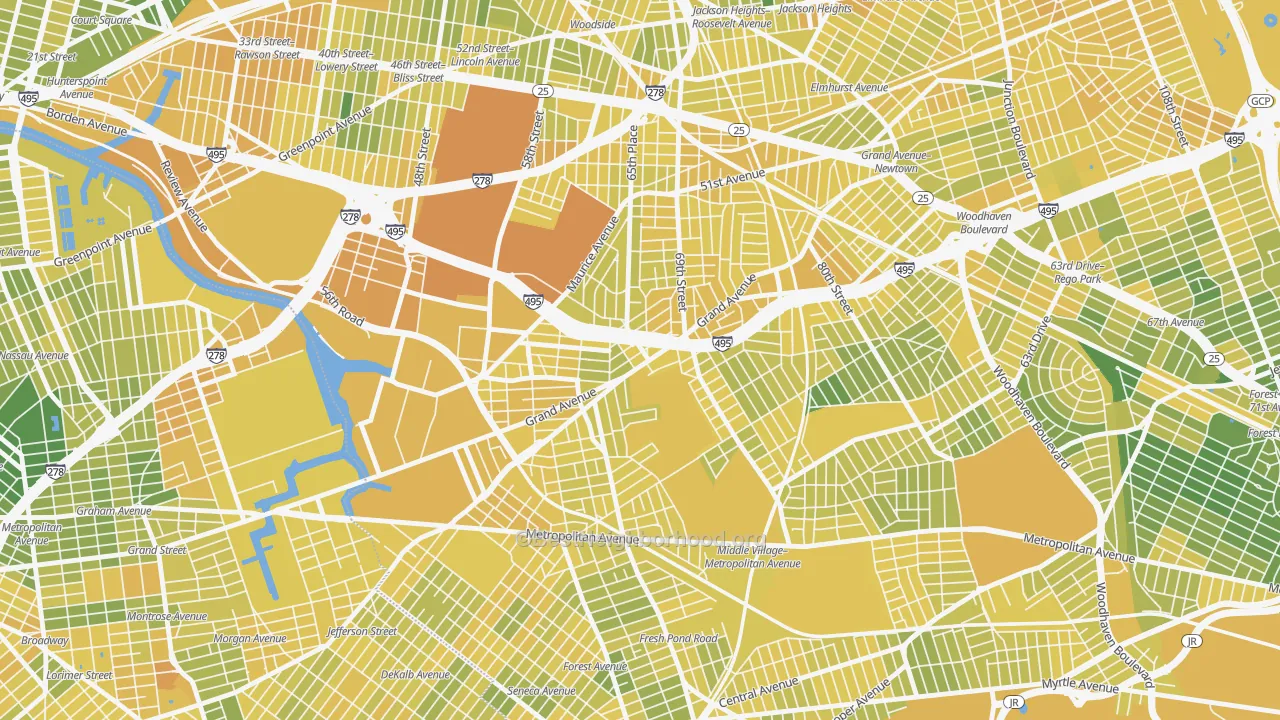 Map of the best neighborhoods in the 11378 area, with better matches in green and worse matches in red