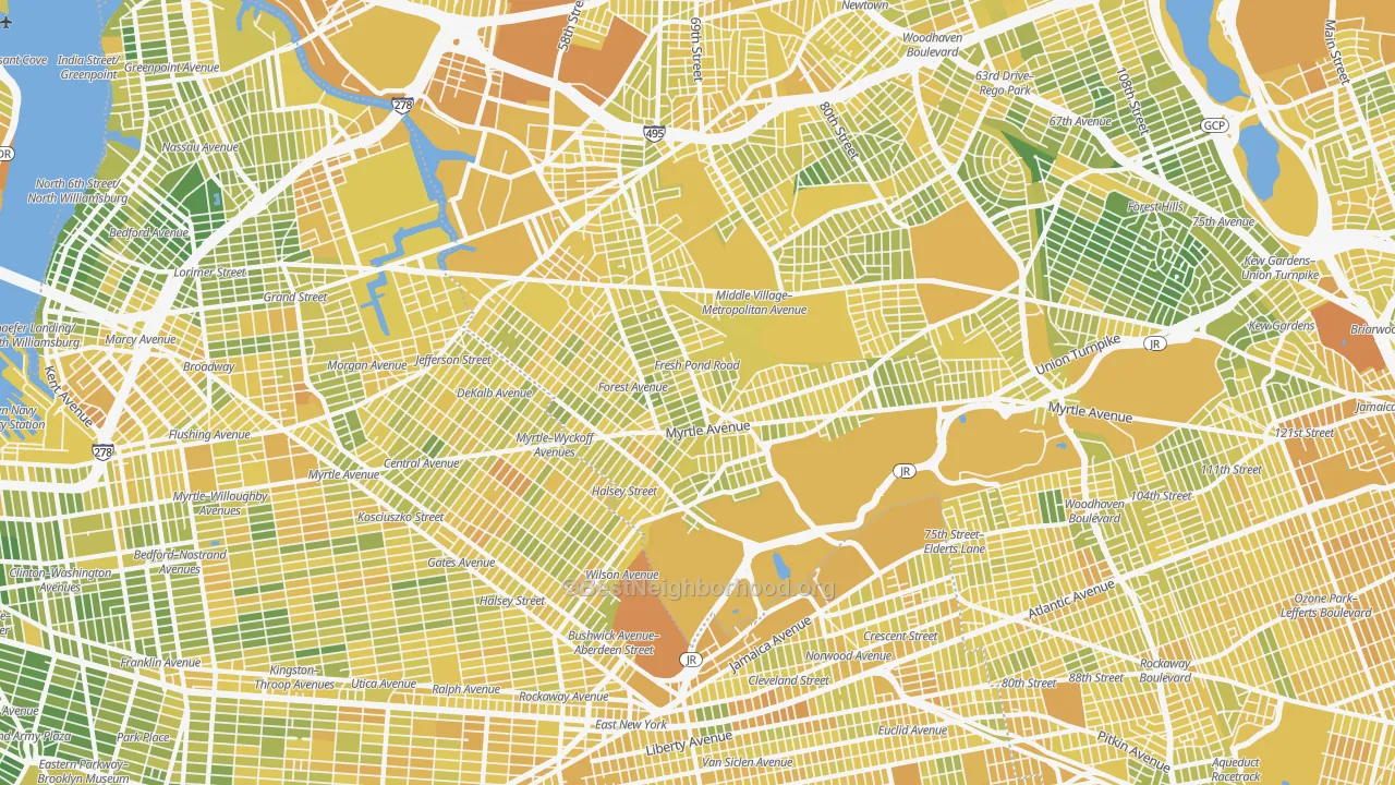 Map of the best neighborhoods in the 11385 area, with better matches in green and worse matches in red