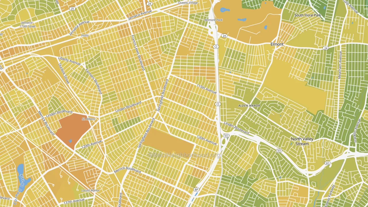Map of the best neighborhoods in the 11411 area, with better matches in green and worse matches in red