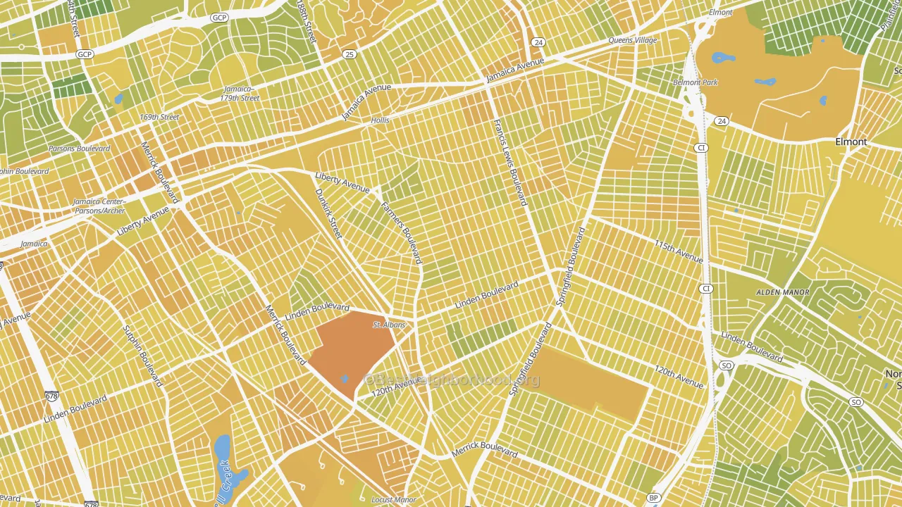 Map of the best neighborhoods in the 11412 area, with better matches in green and worse matches in red