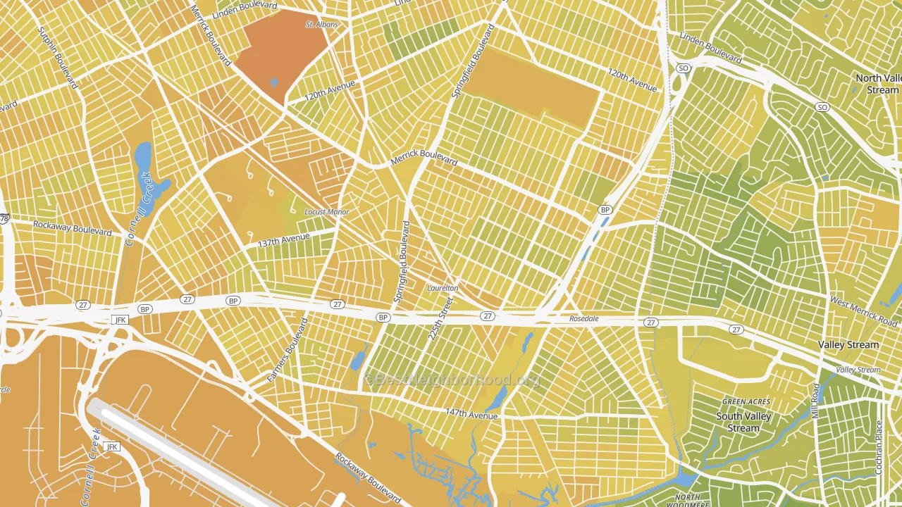 Map of the best neighborhoods in the 11413 area, with better matches in green and worse matches in red
