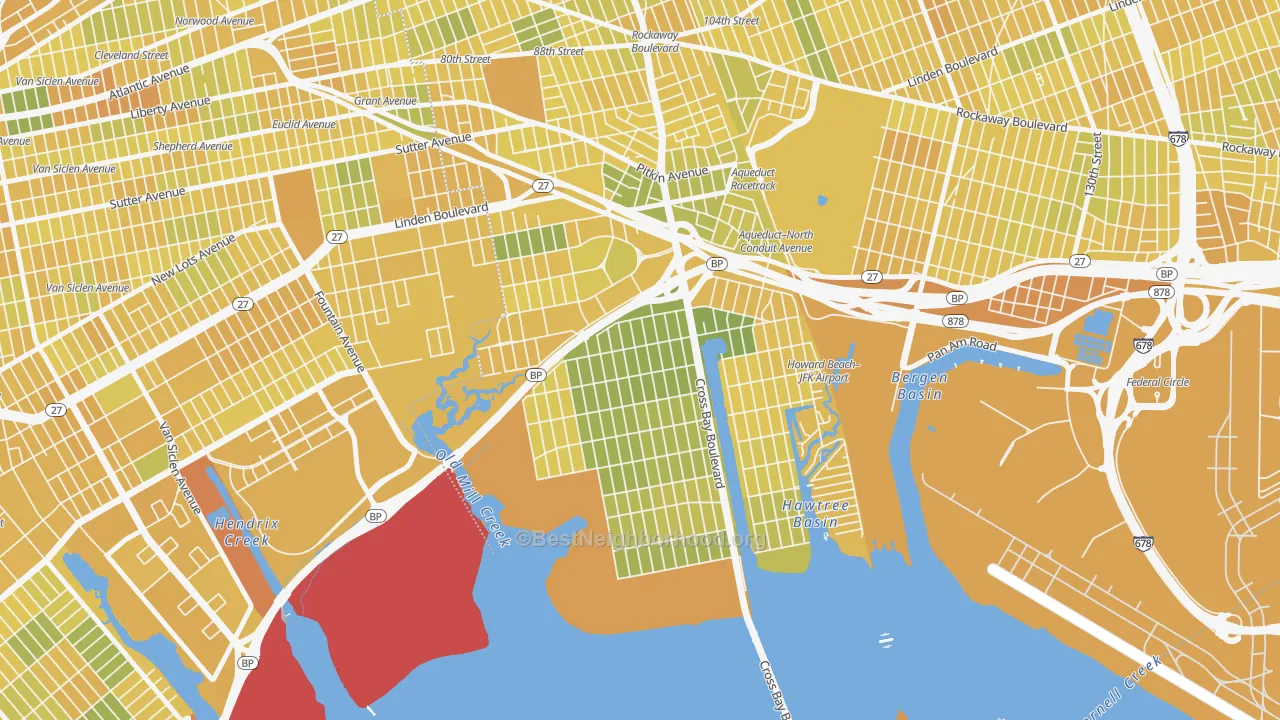 Map of the best neighborhoods in the 11414 area, with better matches in green and worse matches in red