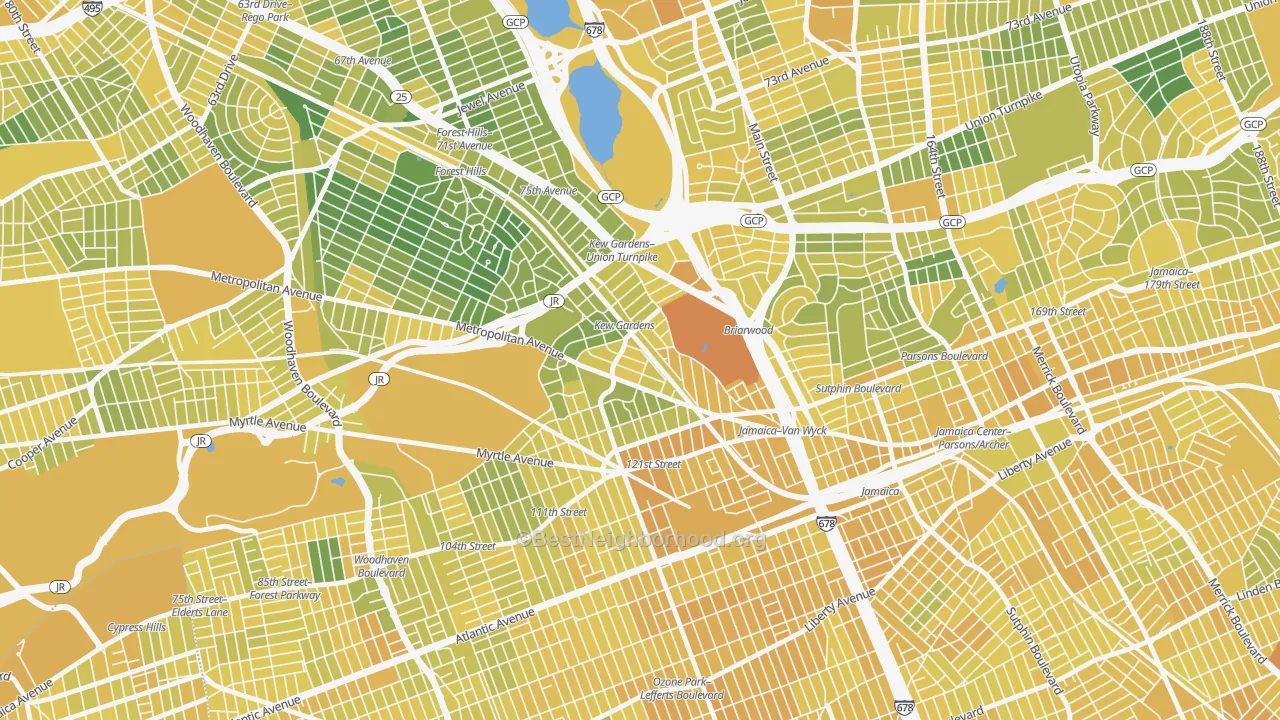Map of the best neighborhoods in the 11415 area, with better matches in green and worse matches in red