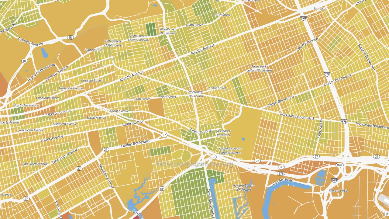 Map of the best neighborhoods in the 11417 area, with better matches in green and worse matches in red