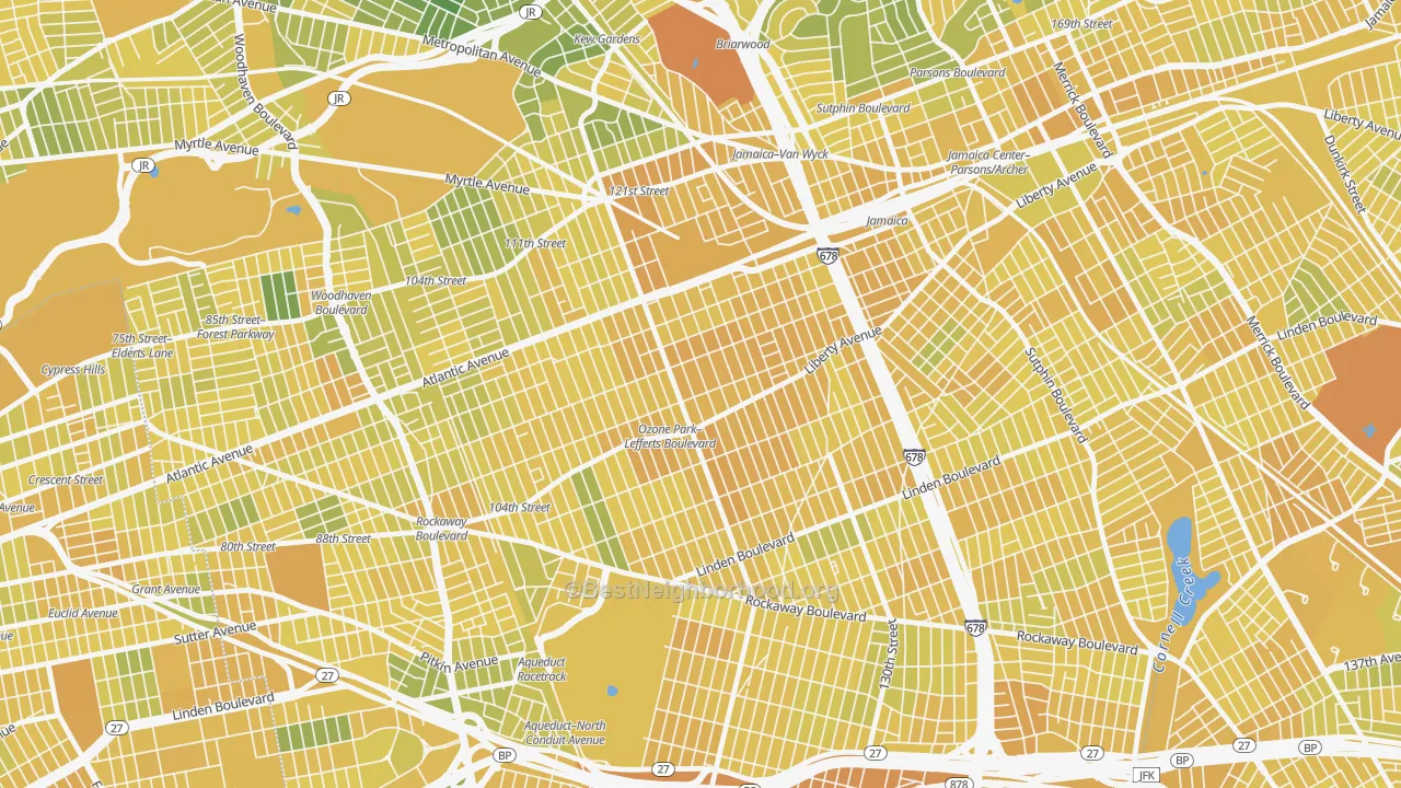 Map of the best neighborhoods in the 11419 area, with better matches in green and worse matches in red