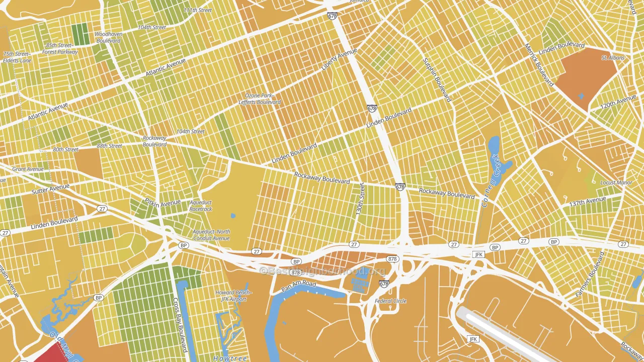 Map of the best neighborhoods in the 11420 area, with better matches in green and worse matches in red