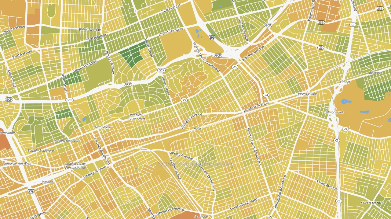 Map of the best neighborhoods in the 11423 area, with better matches in green and worse matches in red