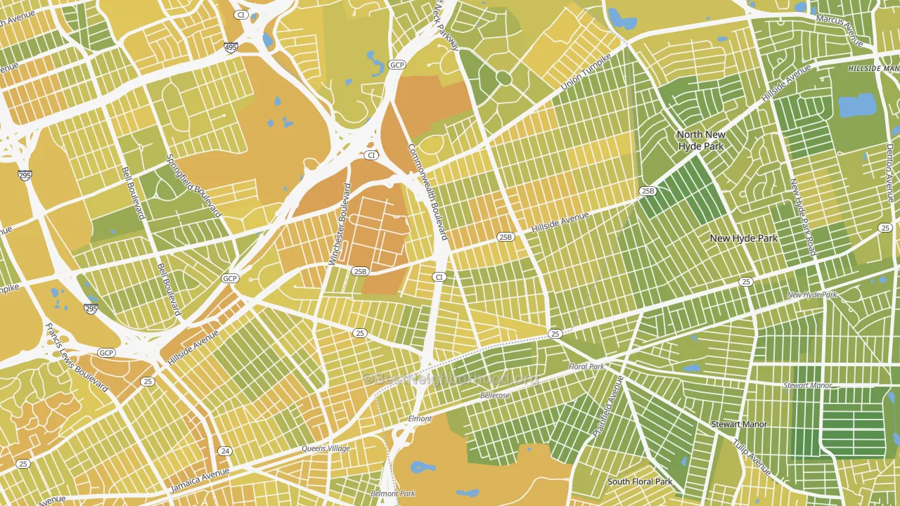 Map of the best neighborhoods in the 11426 area, with better matches in green and worse matches in red