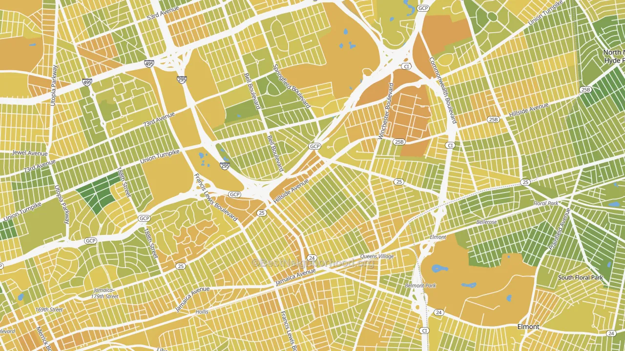 Map of the best neighborhoods in the 11427 area, with better matches in green and worse matches in red