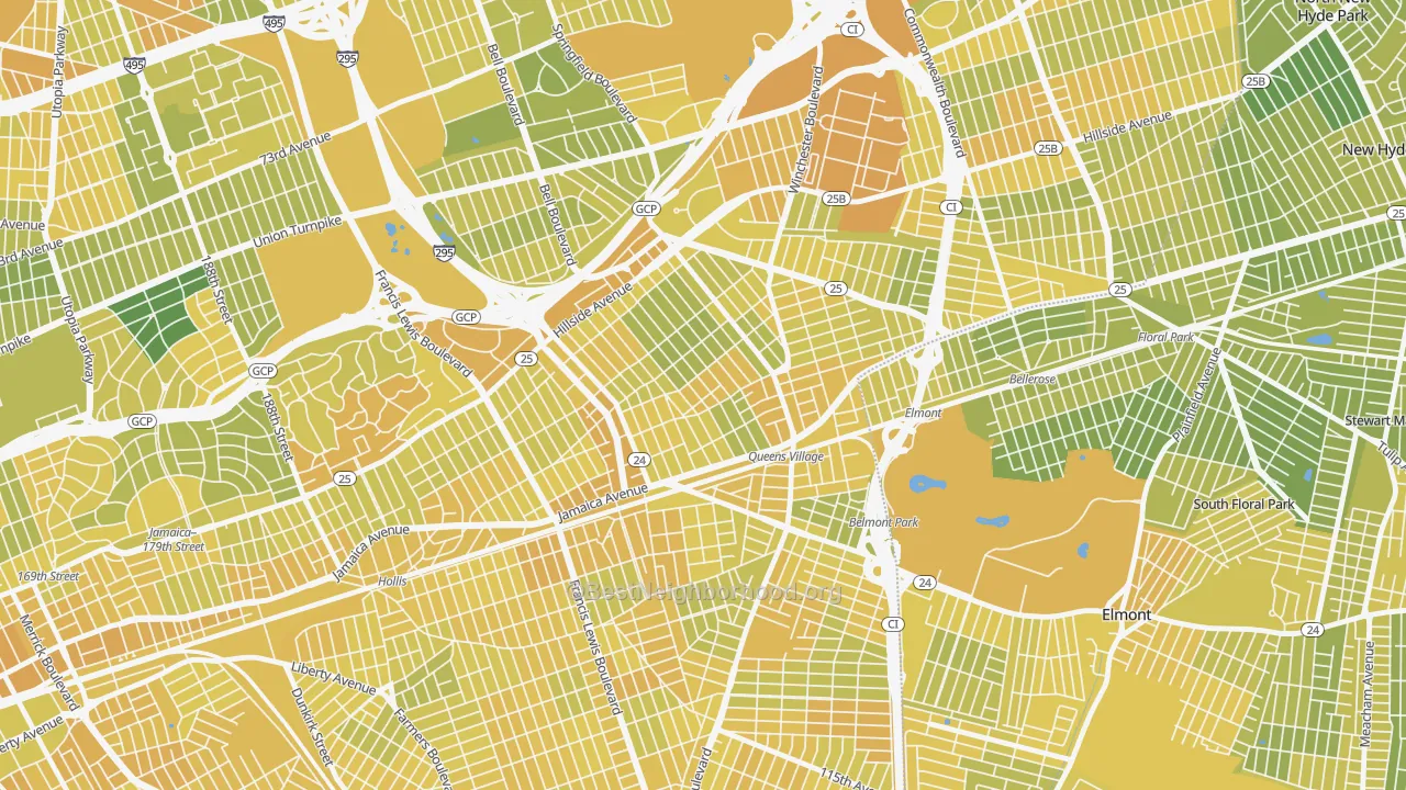 Map of the best neighborhoods in the 11428 area, with better matches in green and worse matches in red