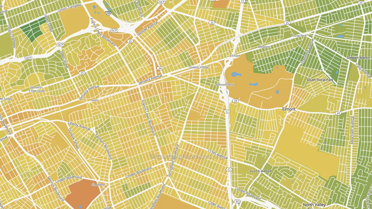 Map of the best neighborhoods in the 11429 area, with better matches in green and worse matches in red