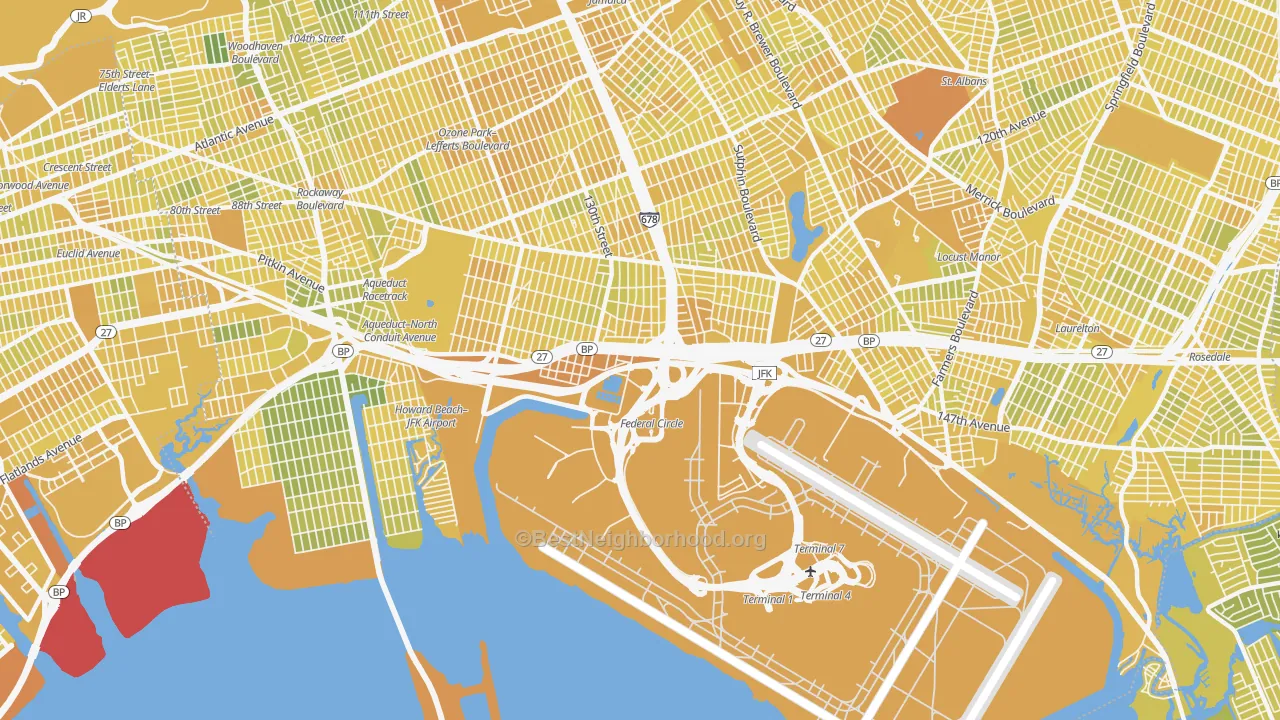 Map of the best neighborhoods in the 11430 area, with better matches in green and worse matches in red