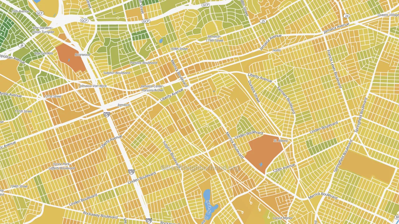 Map of the best neighborhoods in the 11433 area, with better matches in green and worse matches in red