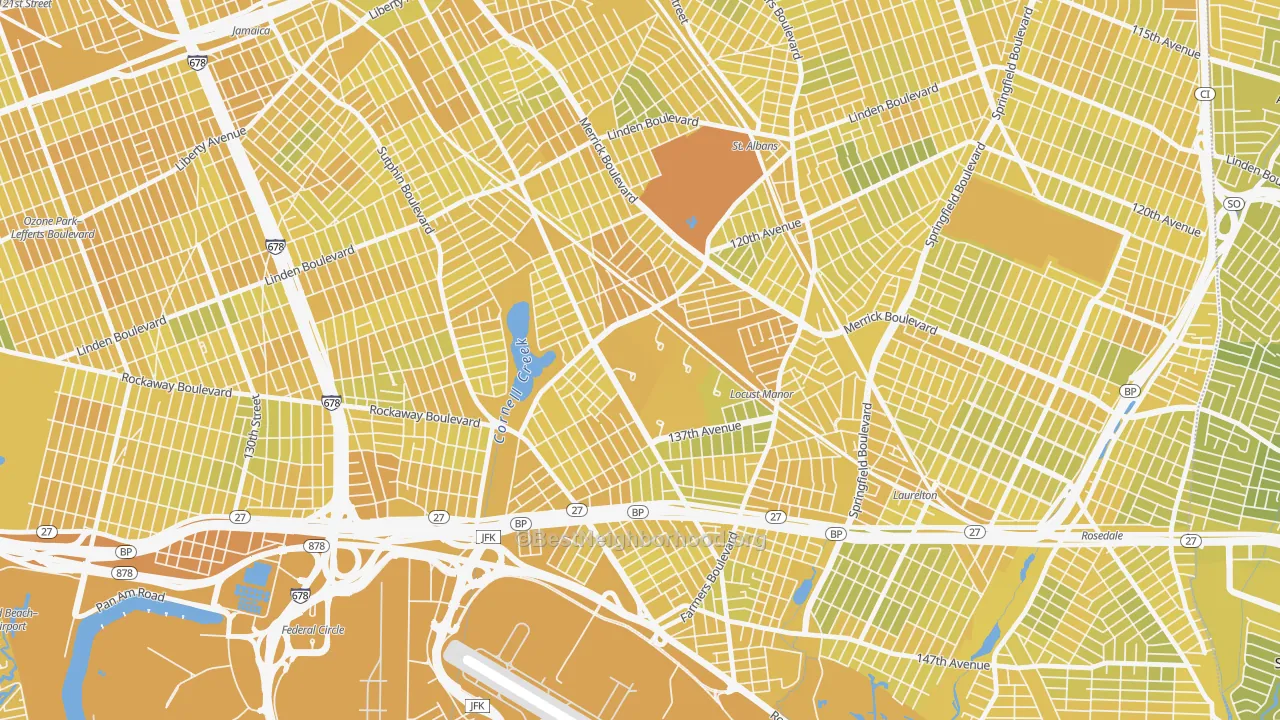Map of the best neighborhoods in the 11434 area, with better matches in green and worse matches in red