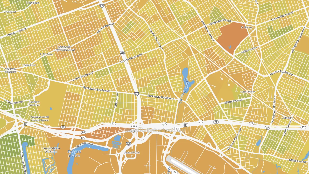 Map of the best neighborhoods in the 11436 area, with better matches in green and worse matches in red