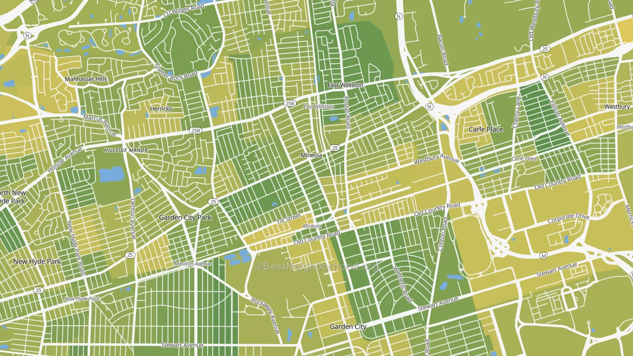 Map of the best neighborhoods in the 11501 area, with better matches in green and worse matches in red