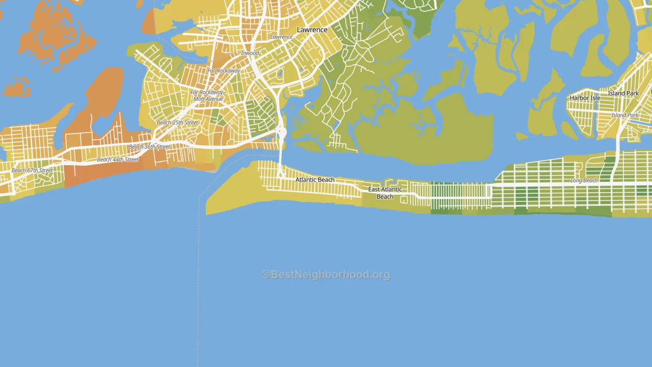 Map of the best neighborhoods in the 11509 area, with better matches in green and worse matches in red