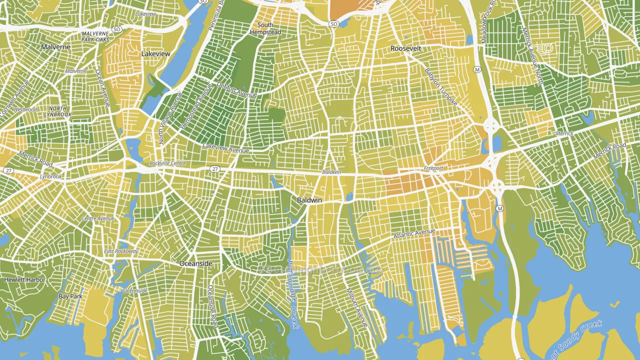 Map of the best neighborhoods in the 11510 area, with better matches in green and worse matches in red