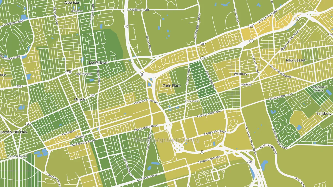 Map of the best neighborhoods in the 11514 area, with better matches in green and worse matches in red