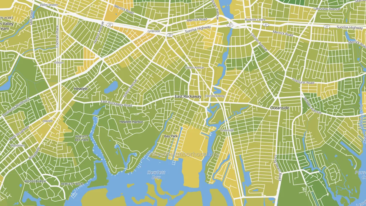 Map of the best neighborhoods in the 11518 area, with better matches in green and worse matches in red