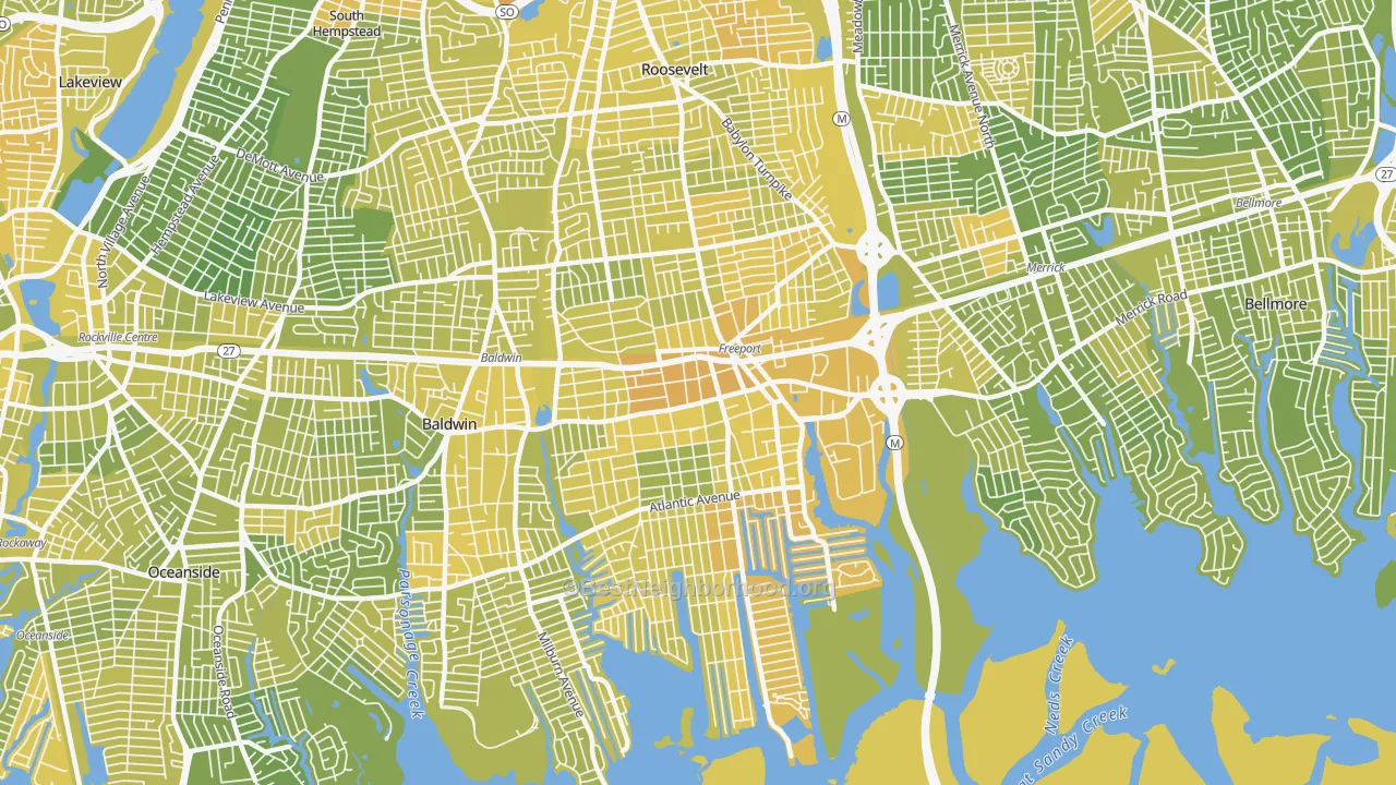 Map of the best neighborhoods in the 11520 area, with better matches in green and worse matches in red